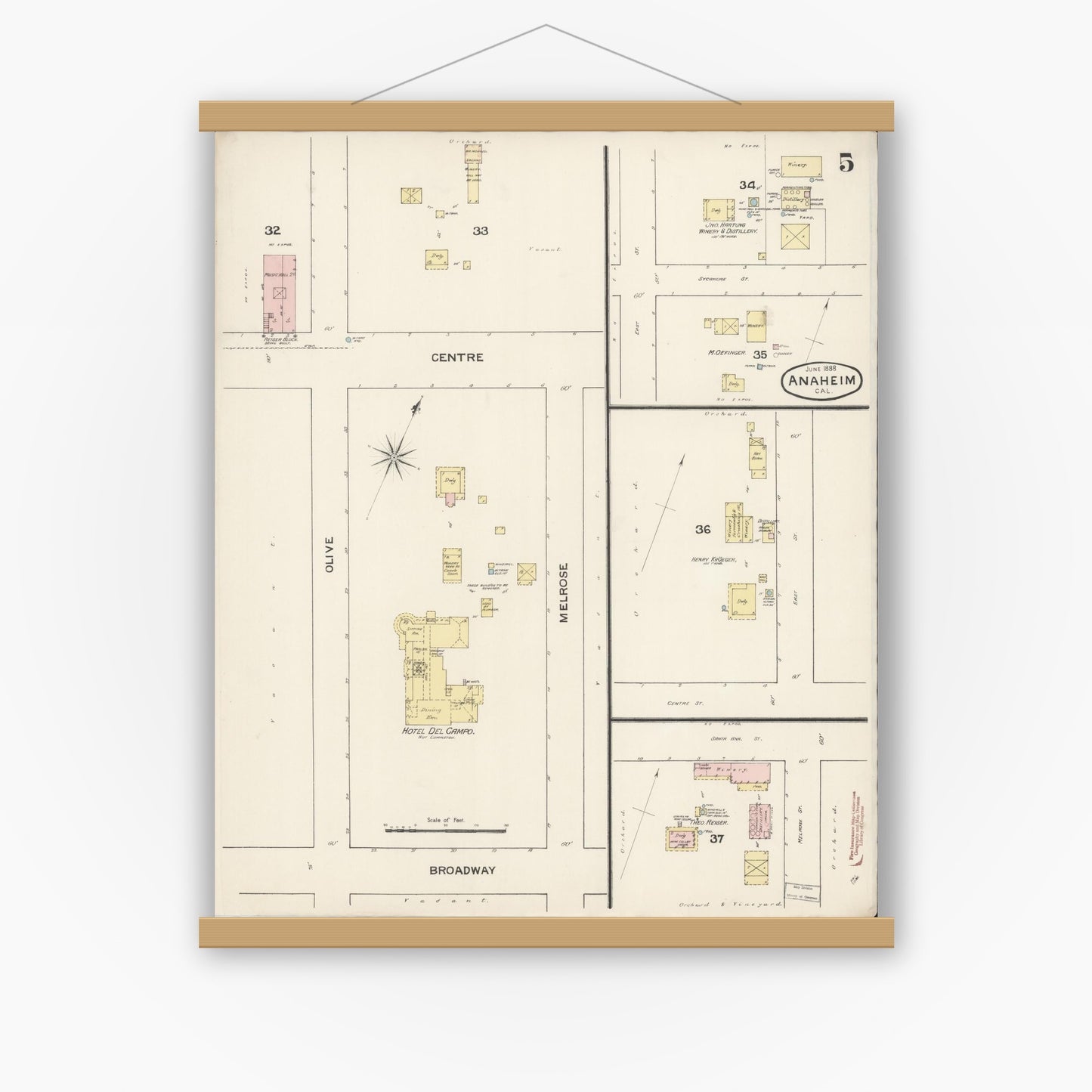 Old map wall art mockup — magnetic wood frame on white wall — Sanborn Fire Insurance Map from Anaheim, Orange County, California (1888), Sheet #0005