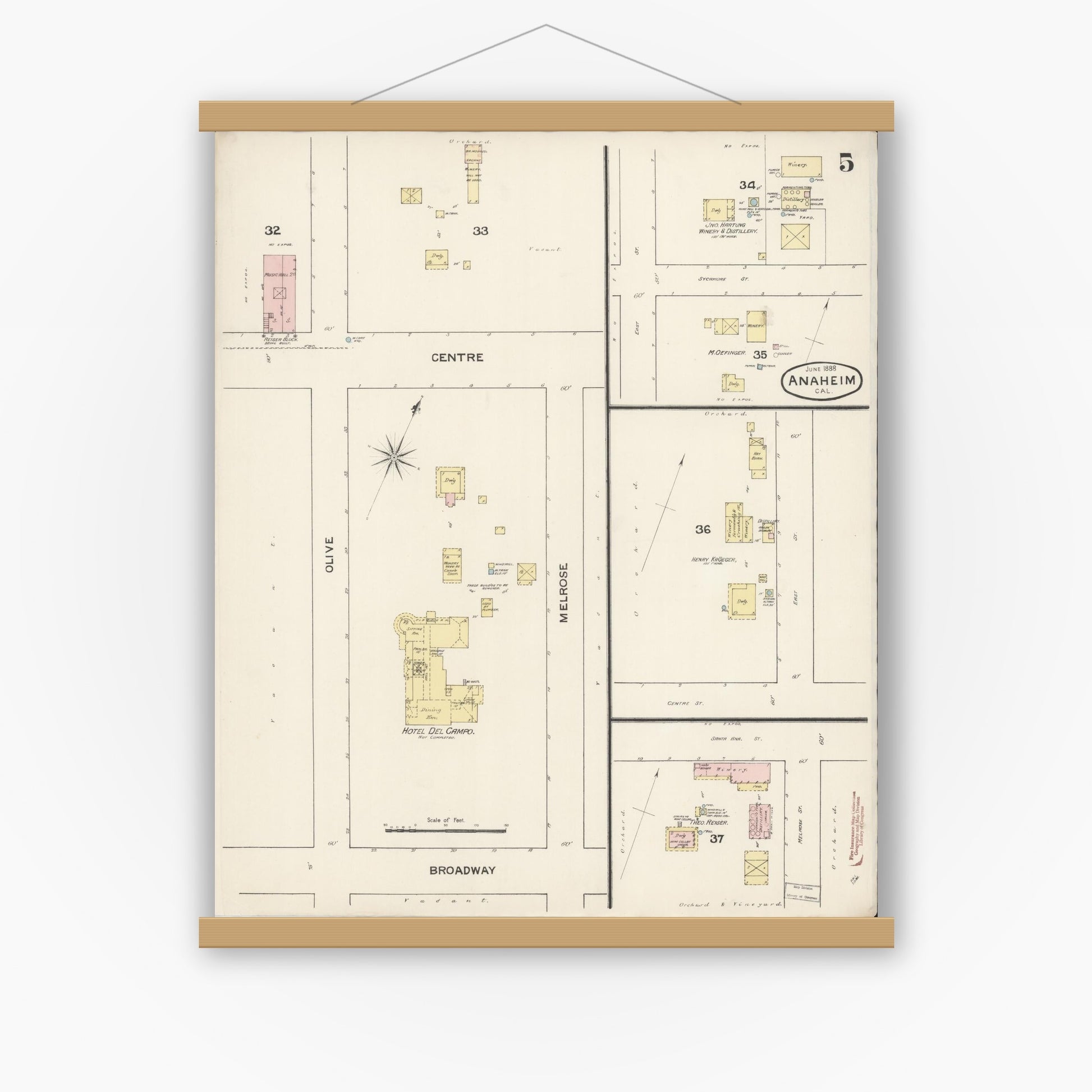 Old map wall art mockup — magnetic wood frame on white wall — Sanborn Fire Insurance Map from Anaheim, Orange County, California (1888), Sheet #0005