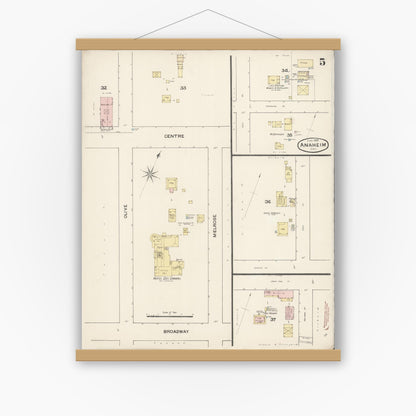 Old map wall art mockup — magnetic wood frame on white wall — Sanborn Fire Insurance Map from Anaheim, Orange County, California (1888), Sheet #0005