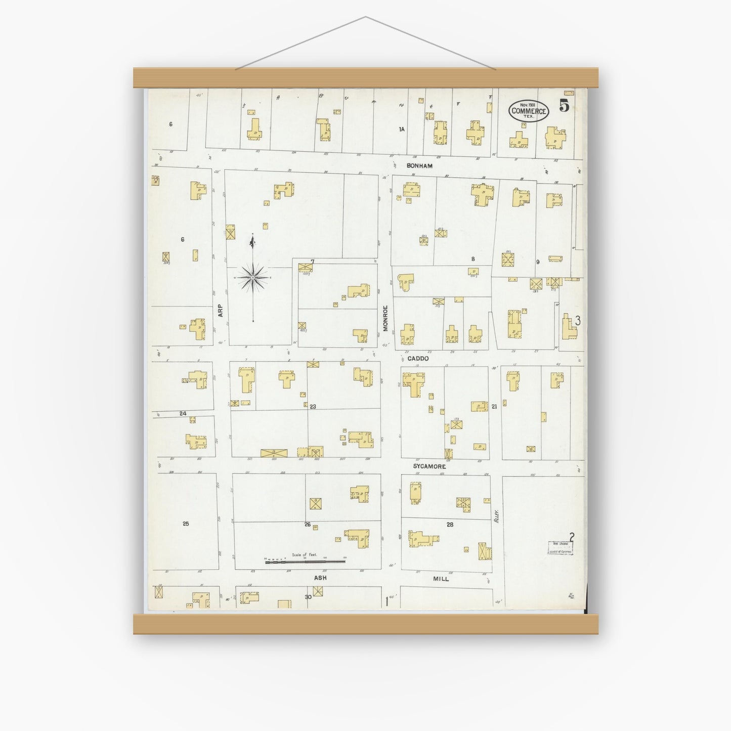 Old map wall art mockup — magnetic wood frame on white wall — Sanborn Fire Insurance Map from Commerce, Hunt County, Texas (1901), Sheet #0005