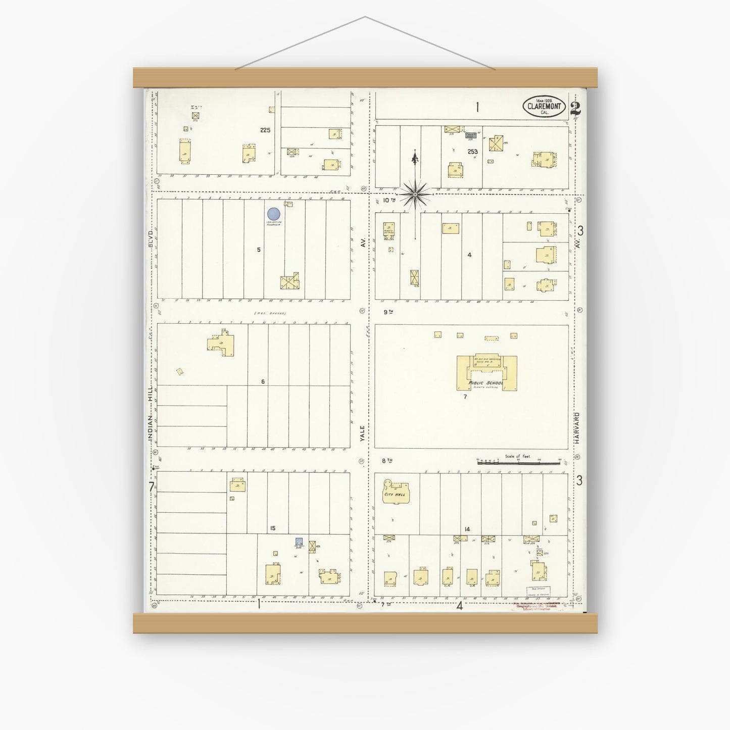 Old map wall art mockup — magnetic wood frame on white wall — Sanborn Fire Insurance Map from Claremont, Los Angeles County, California (1909), Sheet #0002