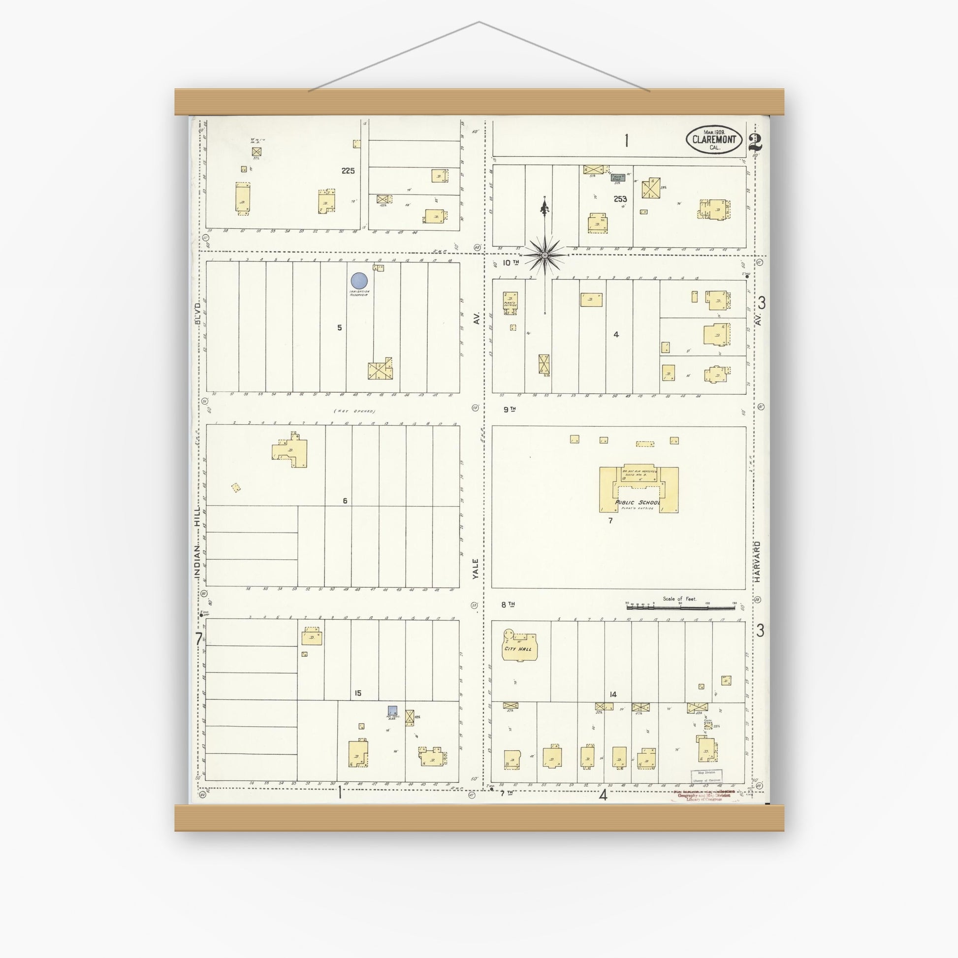 Old map wall art mockup — magnetic wood frame on white wall — Sanborn Fire Insurance Map from Claremont, Los Angeles County, California (1909), Sheet #0002