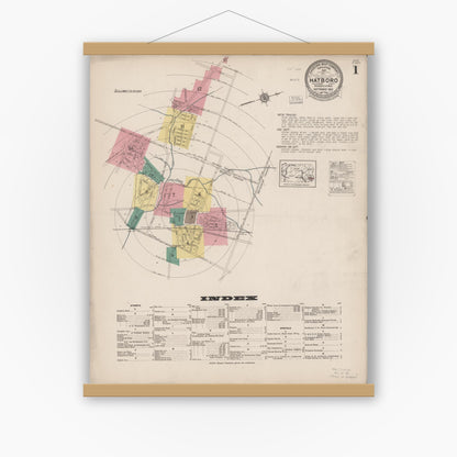 Old map wall art mockup — magnetic wood frame on white wall — Sanborn Fire Insurance Map from Hatboro, Montgomery County, Pennsylvania (1922), Sheet #0001