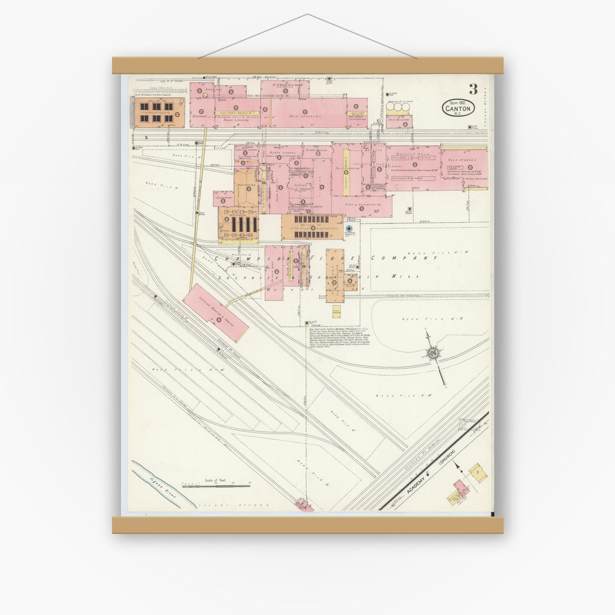 Old map wall art mockup — magnetic wood frame on white wall — Sanborn Fire Insurance Map from Canton, Haywood County, North Carolina (1912), Sheet #0003
