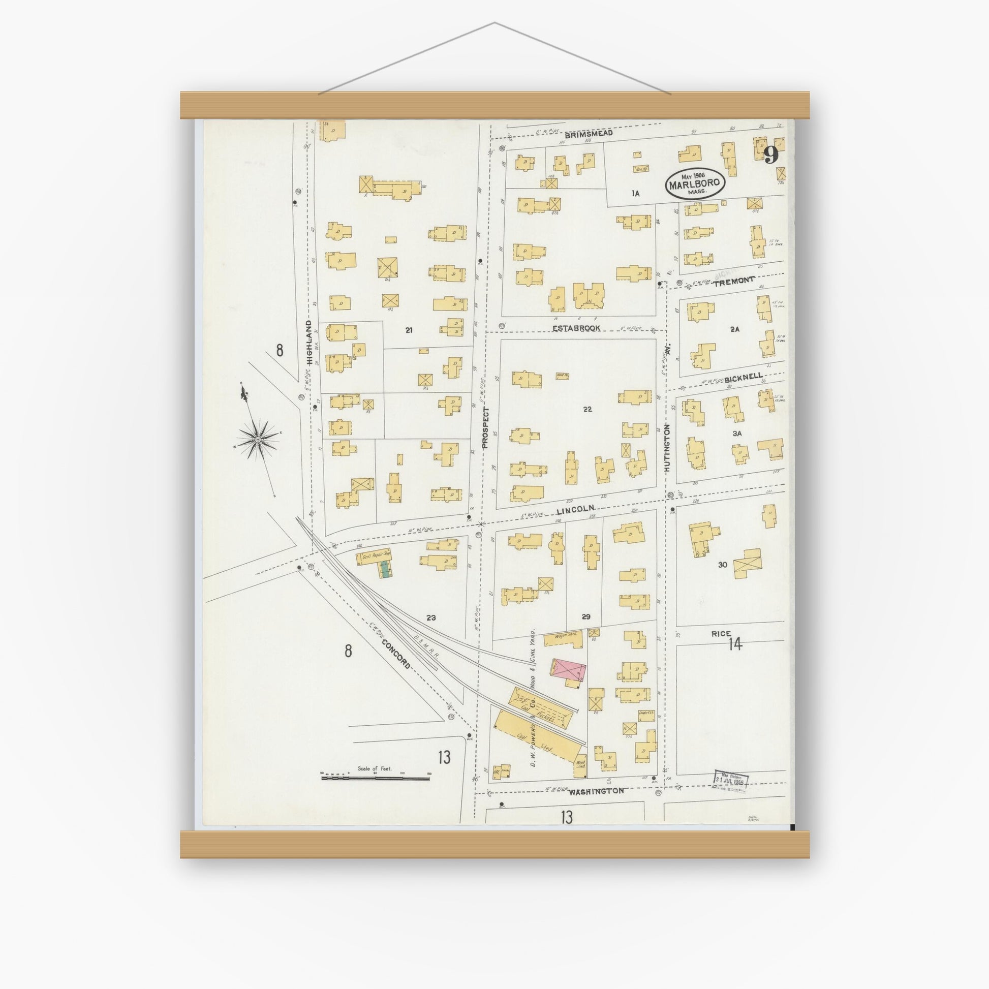 Old map wall art mockup — magnetic wood frame on white wall — Sanborn Fire Insurance Map from Marlborough, Middlesex County, Massachusetts (1906), Sheet #0009