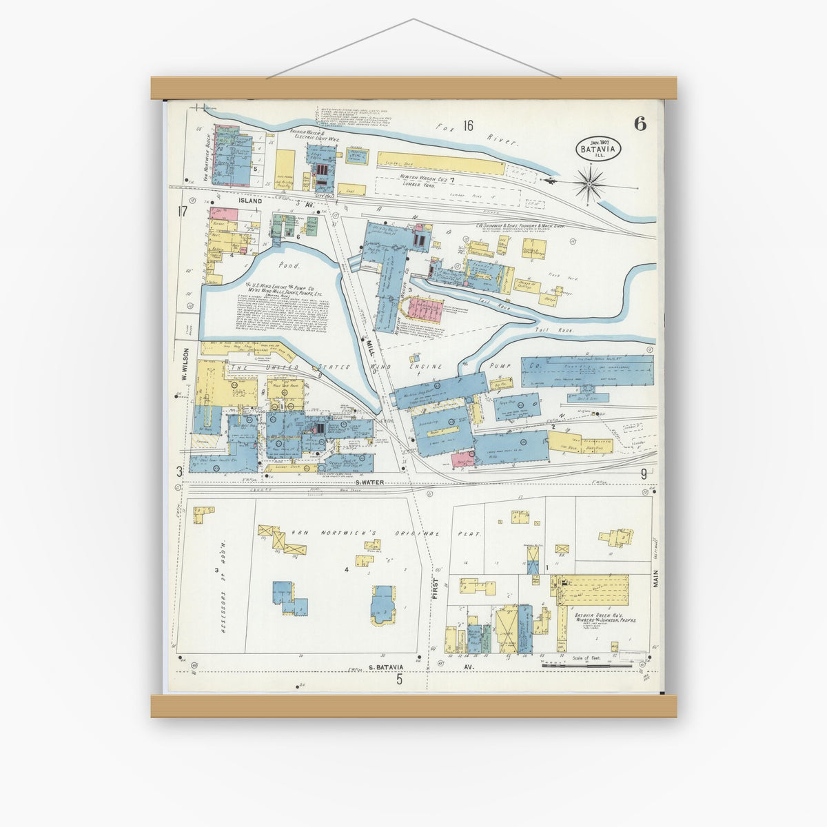 Old map wall art mockup — magnetic wood frame on white wall — Sanborn Fire Insurance Map from Batavia, Kane County, Illinois (1907), Sheet #0006