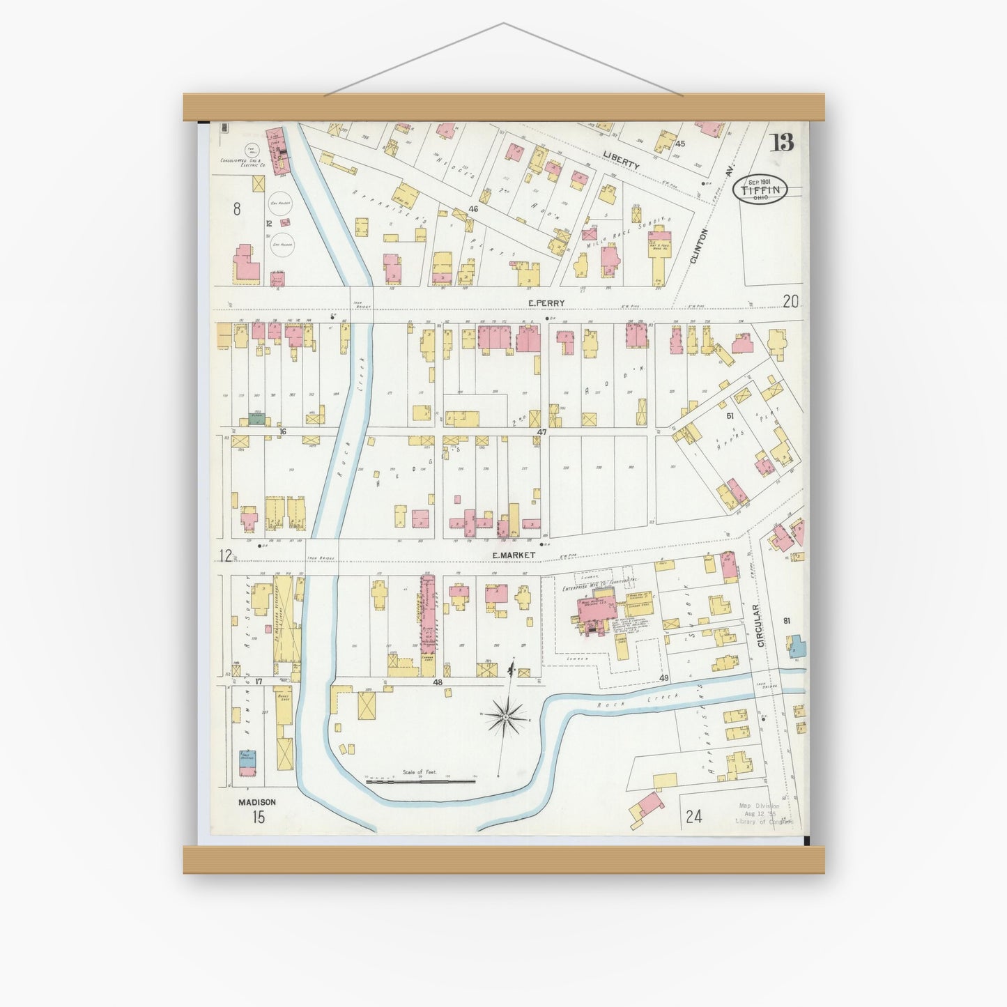 Old map wall art mockup — magnetic wood frame on white wall — Sanborn Fire Insurance Map from Tiffin, Seneca County, Ohio (1901), Sheet #0013