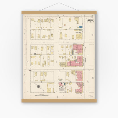 Old map wall art mockup — magnetic wood frame on white wall — Sanborn Fire Insurance Map from Madera, Madera County, California (1912), Sheet #0007