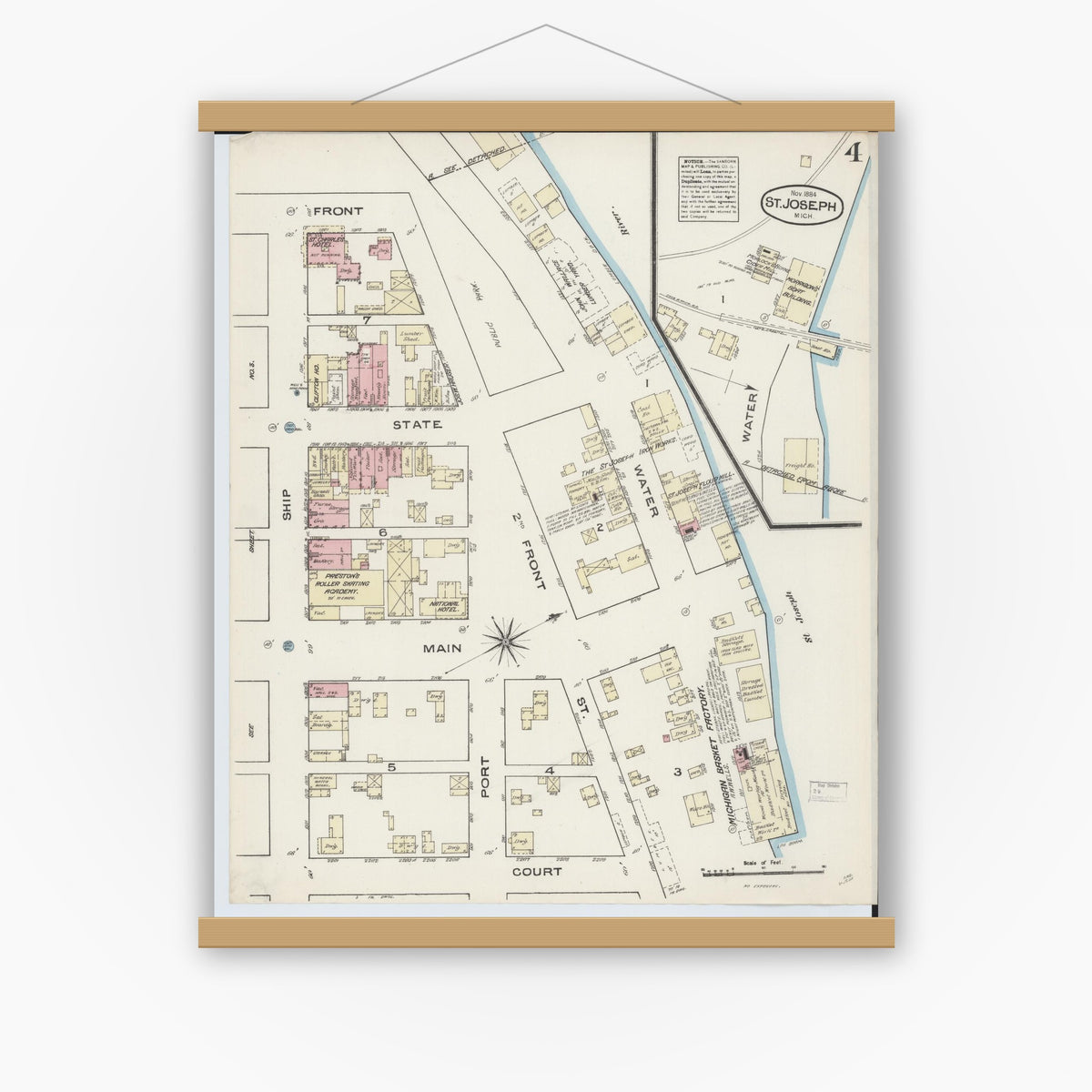 Old map wall art mockup — magnetic wood frame on white wall — Sanborn Fire Insurance Map from Saint Joseph, Berrien County, Michigan (1884), Sheet #0004