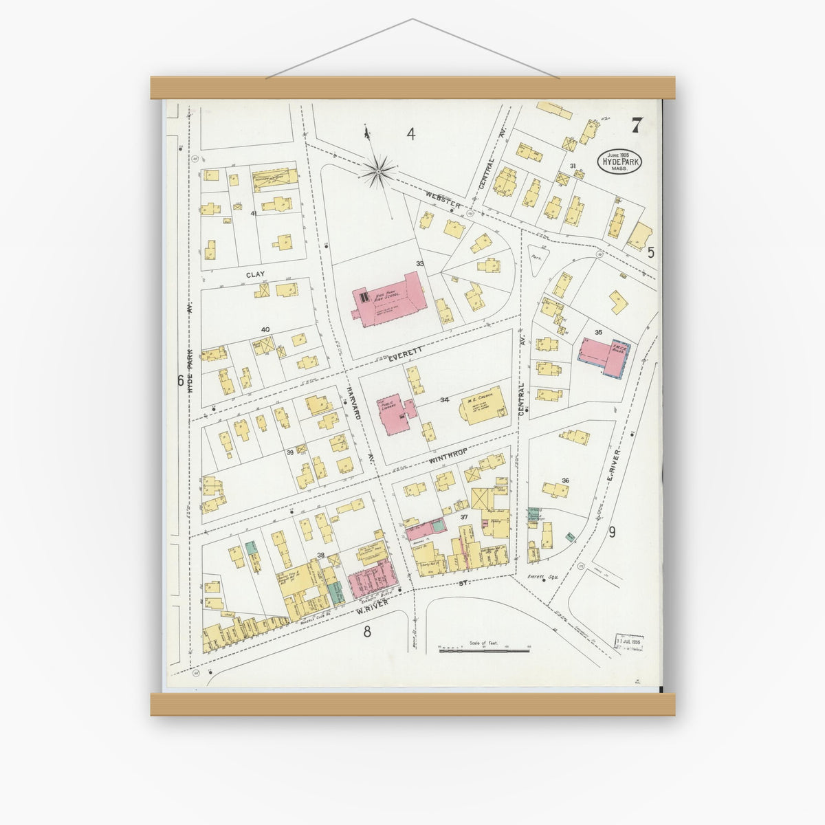 Old map wall art mockup — magnetic wood frame on white wall — Sanborn Fire Insurance Map from Hyde Park, Norfolk County, Massachusetts (1905), Sheet #0007