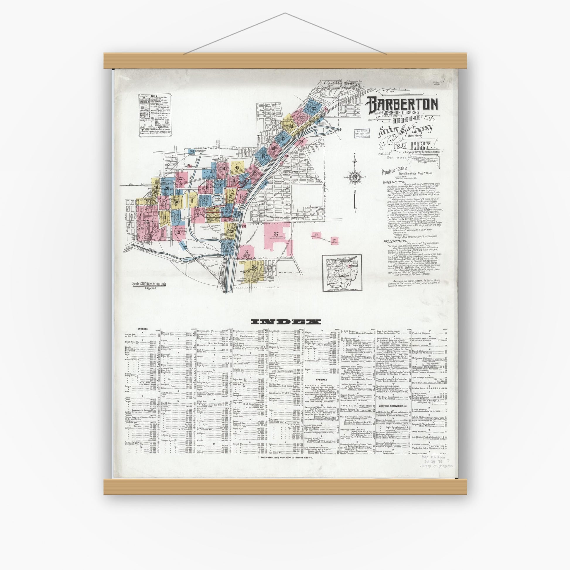 Old map wall art mockup — magnetic wood frame on white wall — Sanborn Fire Insurance Map from Barberton, Summit County, Ohio (1927), Sheet #0001