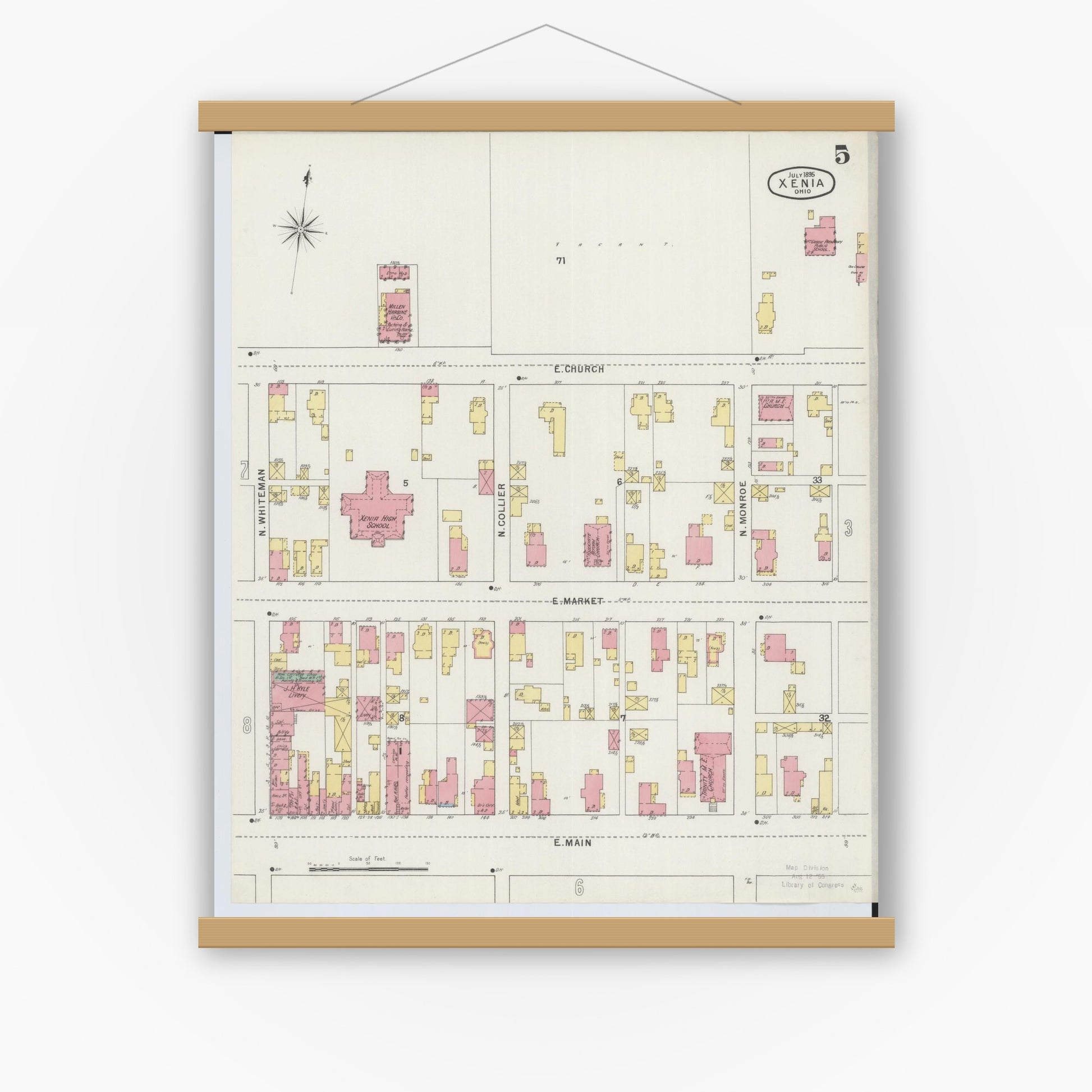 Old map wall art mockup — magnetic wood frame on white wall — Sanborn Fire Insurance Map from Xenia, Greene County, Ohio (1895), Sheet #0005