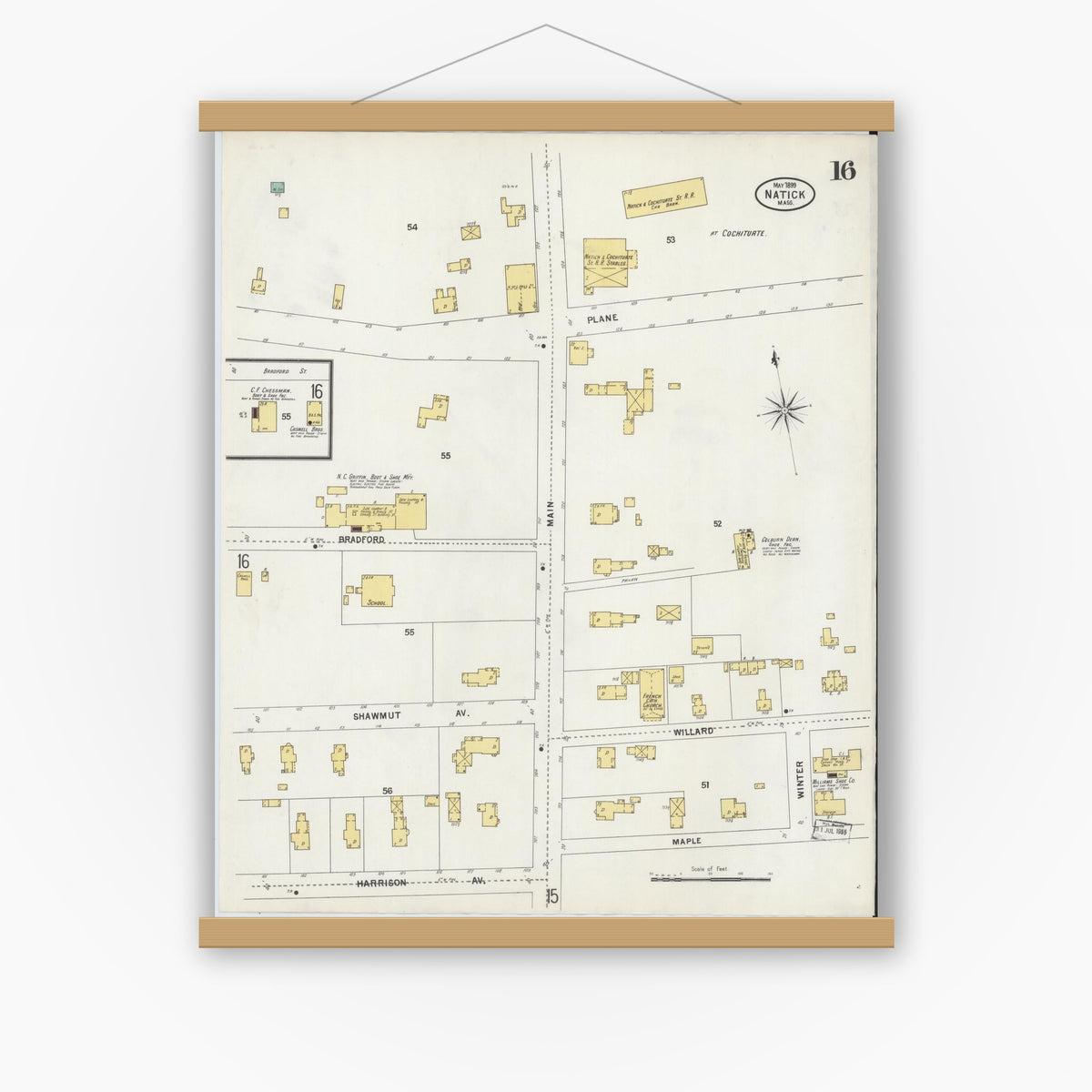 Old map wall art mockup — magnetic wood frame on white wall — Sanborn Fire Insurance Map from Natick, Middlesex County, Massachusetts (1899), Sheet #0016