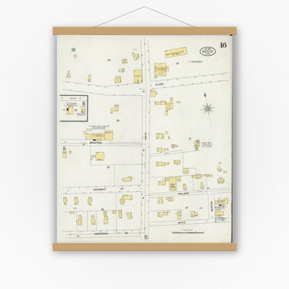 Old map wall art mockup — magnetic wood frame on white wall — Sanborn Fire Insurance Map from Natick, Middlesex County, Massachusetts (1899), Sheet #0016