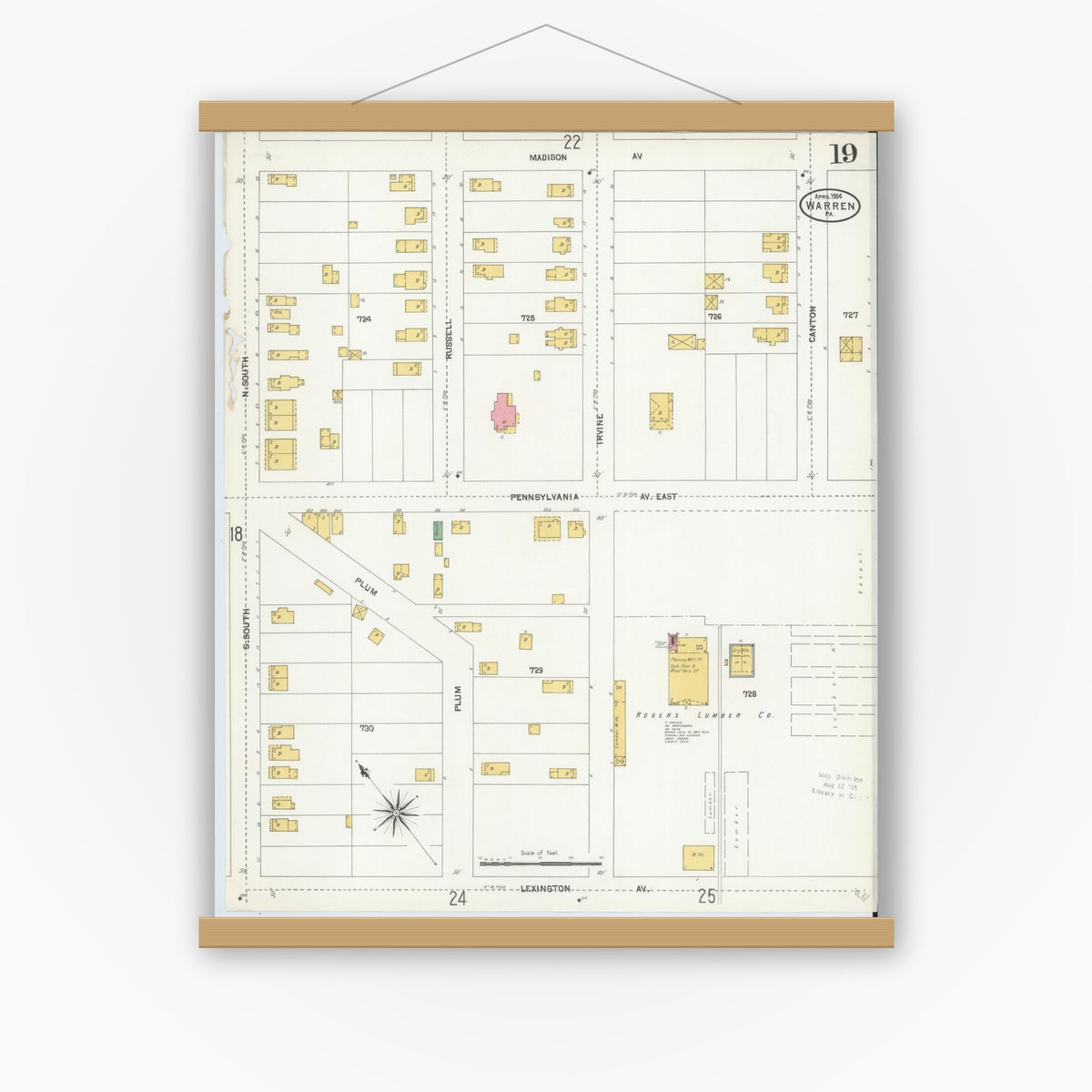 Old map wall art mockup — magnetic wood frame on white wall — Sanborn Fire Insurance Map from Warren, Warren County, Pennsylvania (1904), Sheet #0019