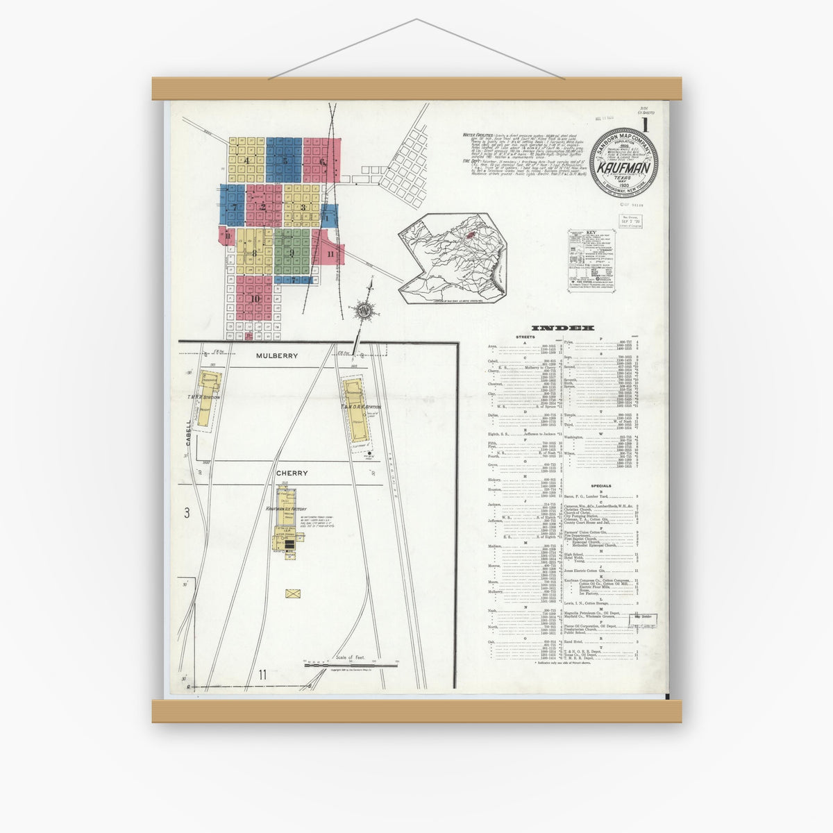 Old map wall art mockup — magnetic wood frame on white wall — Sanborn Fire Insurance Map from Kaufman, Kaufman County, Texas (1920) - Complete Map Set