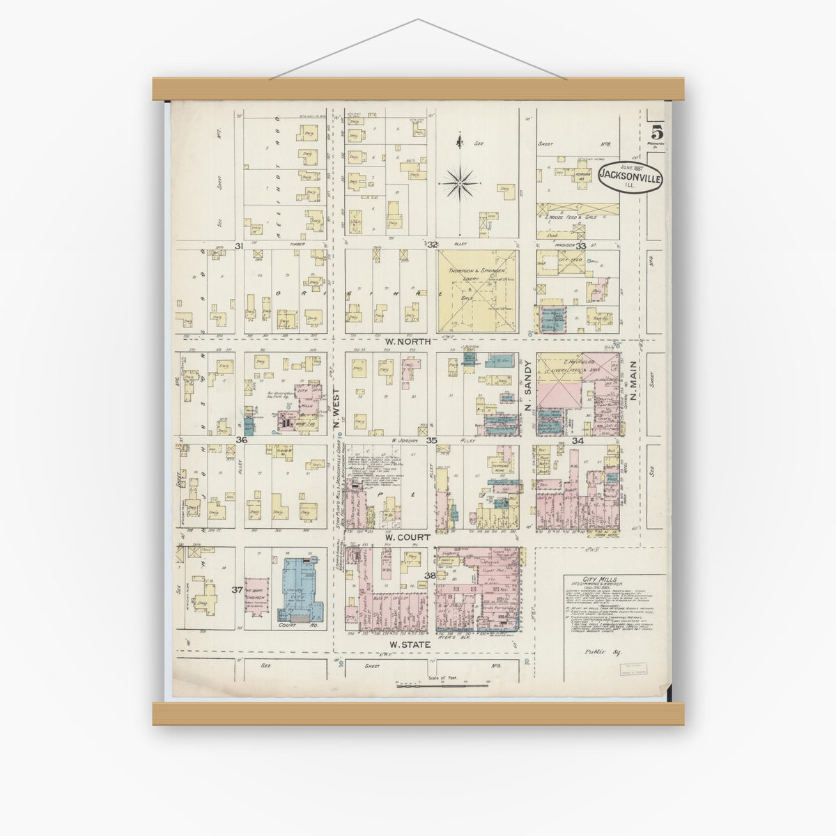 Old map wall art mockup — magnetic wood frame on white wall — Sanborn Fire Insurance Map from Jacksonville, Morgan County, Illinois (1887), Sheet #0005
