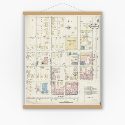 Old map wall art mockup — magnetic wood frame on white wall — Sanborn Fire Insurance Map from Jacksonville, Morgan County, Illinois (1887), Sheet #0005