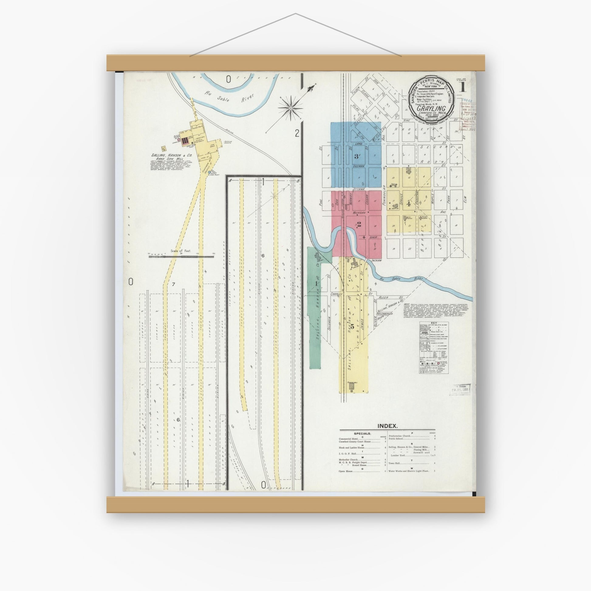 Old map wall art mockup — magnetic wood frame on white wall — Sanborn Fire Insurance Map from Grayling, Crawford County, Michigan (1900) - Complete Map Set