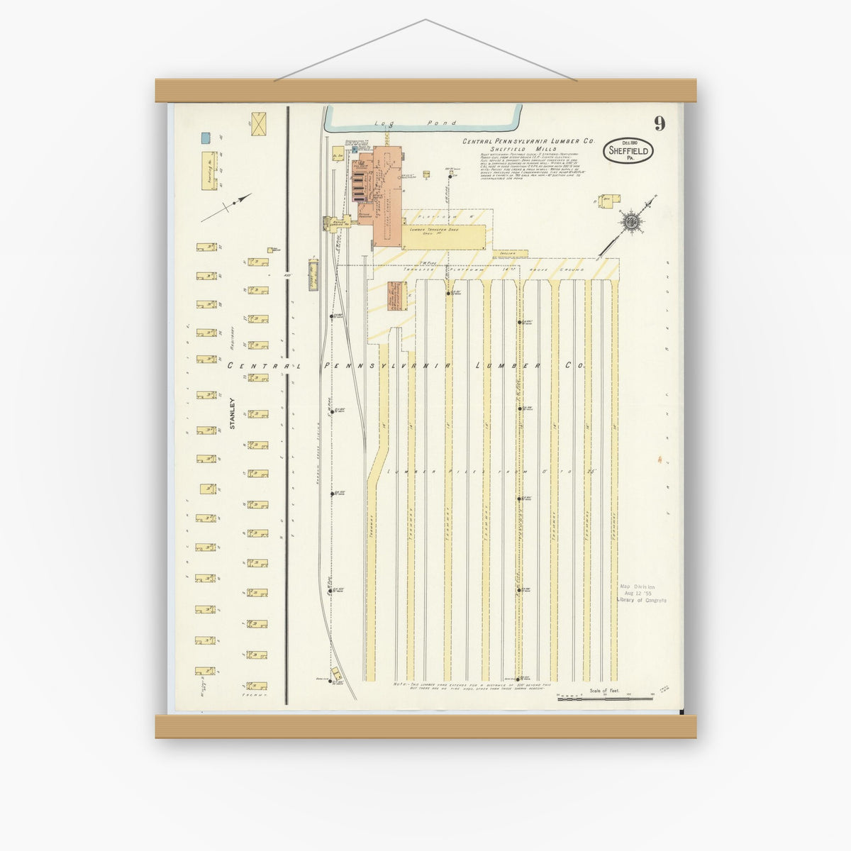 Old map wall art mockup — magnetic wood frame on white wall — Sanborn Fire Insurance Map from Sheffield, Warren County, Pennsylvania (1910), Sheet #0009