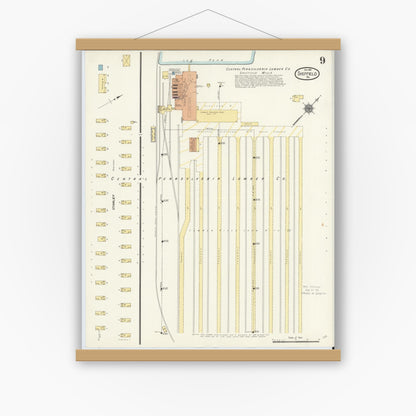 Old map wall art mockup — magnetic wood frame on white wall — Sanborn Fire Insurance Map from Sheffield, Warren County, Pennsylvania (1910), Sheet #0009