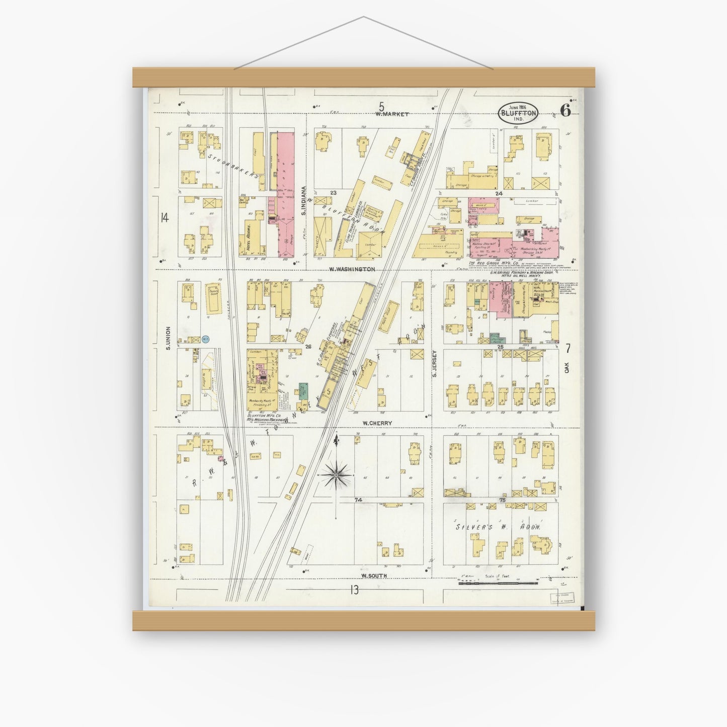 Old map wall art mockup — magnetic wood frame on white wall — Sanborn Fire Insurance Map from Bluffton, Wells County, Indiana (1906), Sheet #0006