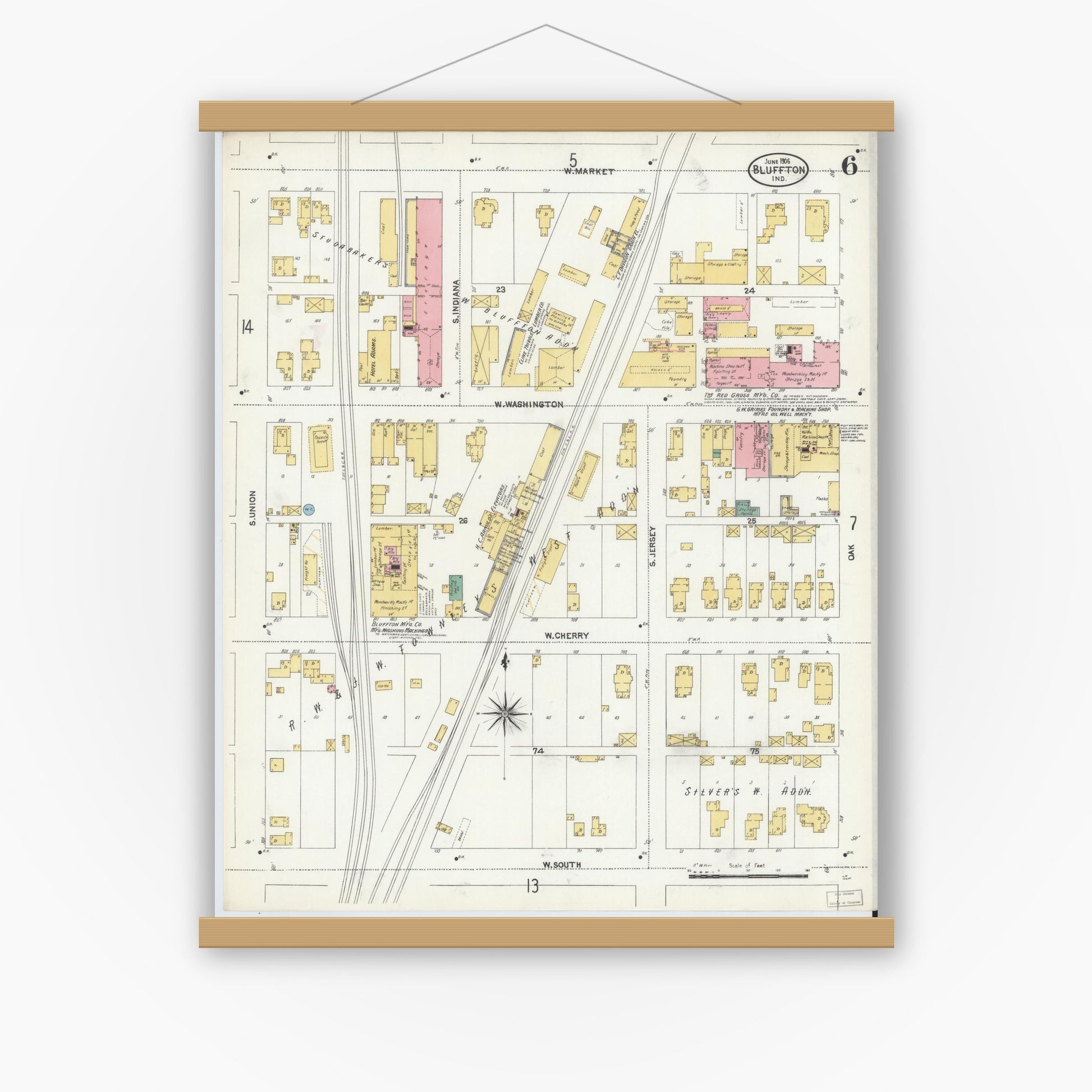 Old map wall art mockup — magnetic wood frame on white wall — Sanborn Fire Insurance Map from Bluffton, Wells County, Indiana (1906), Sheet #0006