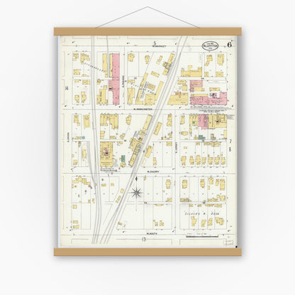 Old map wall art mockup — magnetic wood frame on white wall — Sanborn Fire Insurance Map from Bluffton, Wells County, Indiana (1906), Sheet #0006
