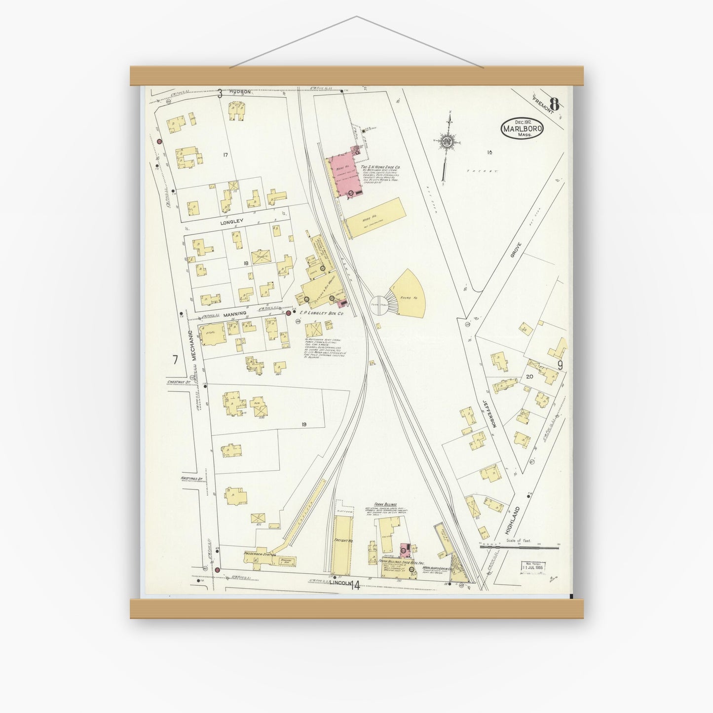 Old map wall art mockup — magnetic wood frame on white wall — Sanborn Fire Insurance Map from Marlborough, Middlesex County, Massachusetts (1912), Sheet #0008