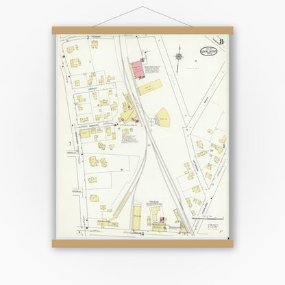Old map wall art mockup — magnetic wood frame on white wall — Sanborn Fire Insurance Map from Marlborough, Middlesex County, Massachusetts (1912), Sheet #0008