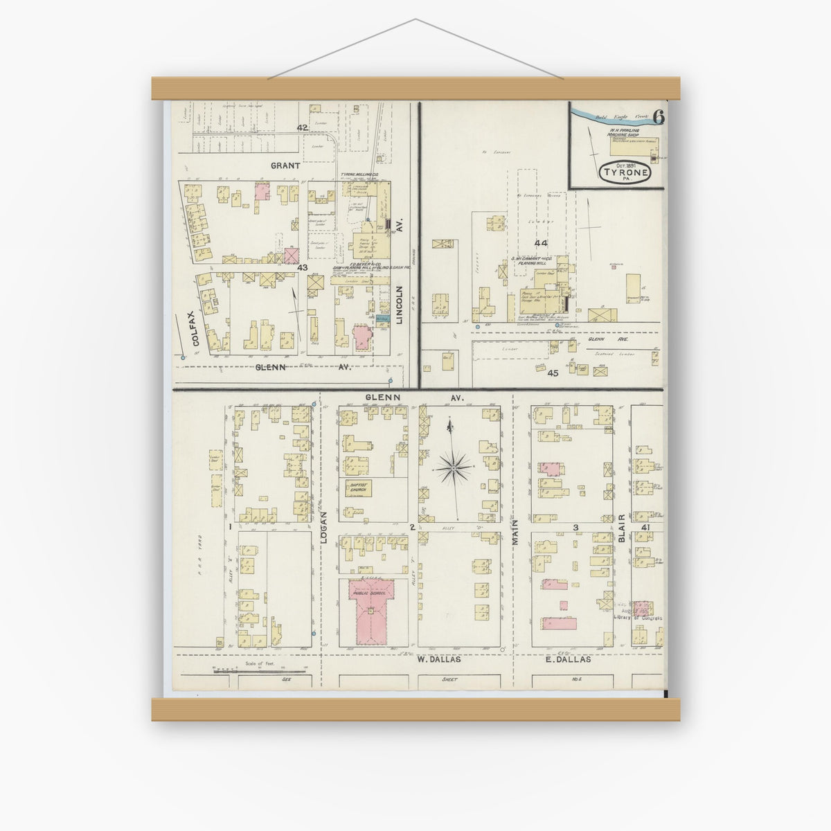 Old map wall art mockup — magnetic wood frame on white wall — Sanborn Fire Insurance Map from Tyrone, Blair County, Pennsylvania (1891), Sheet #0006