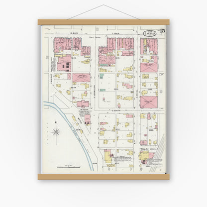 Old map wall art mockup — magnetic wood frame on white wall — Sanborn Fire Insurance Map from Danville, Vermilion County, Illinois (1895), Sheet #0015