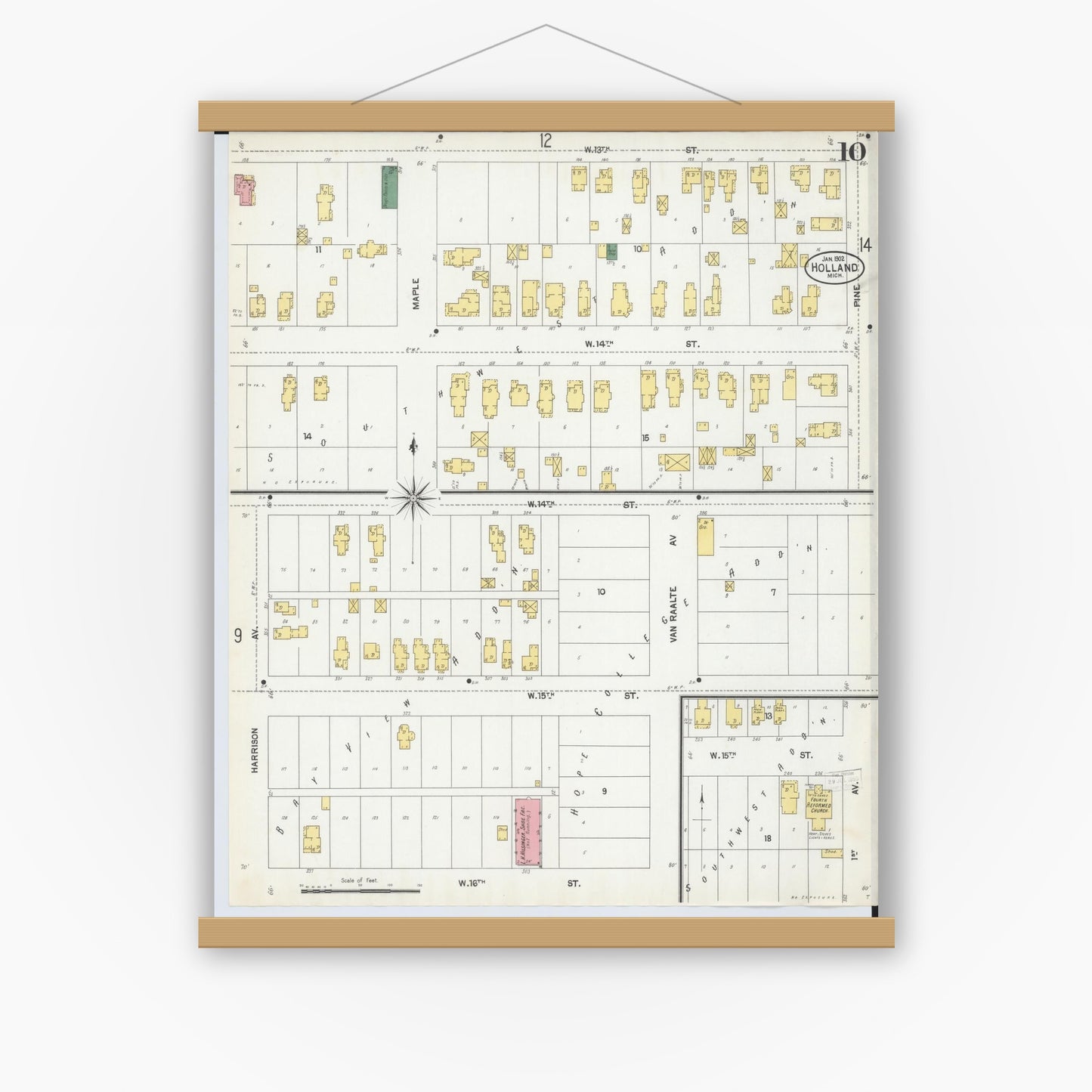 Old map wall art mockup — magnetic wood frame on white wall — Sanborn Fire Insurance Map from Holland, Ottawa County, Michigan (1902), Sheet #0010