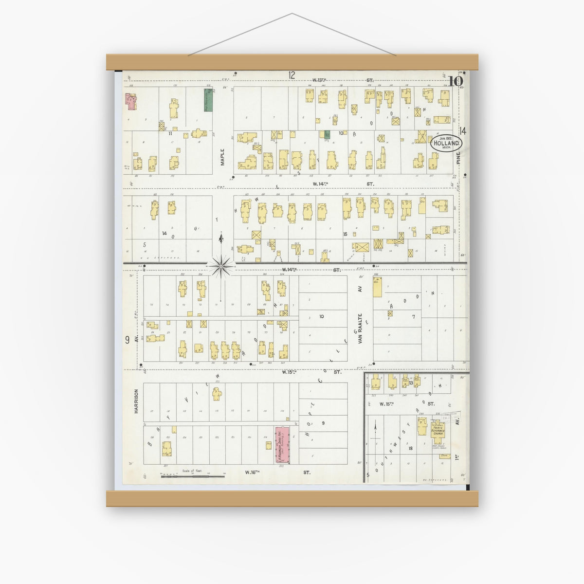 Old map wall art mockup — magnetic wood frame on white wall — Sanborn Fire Insurance Map from Holland, Ottawa County, Michigan (1902), Sheet #0010