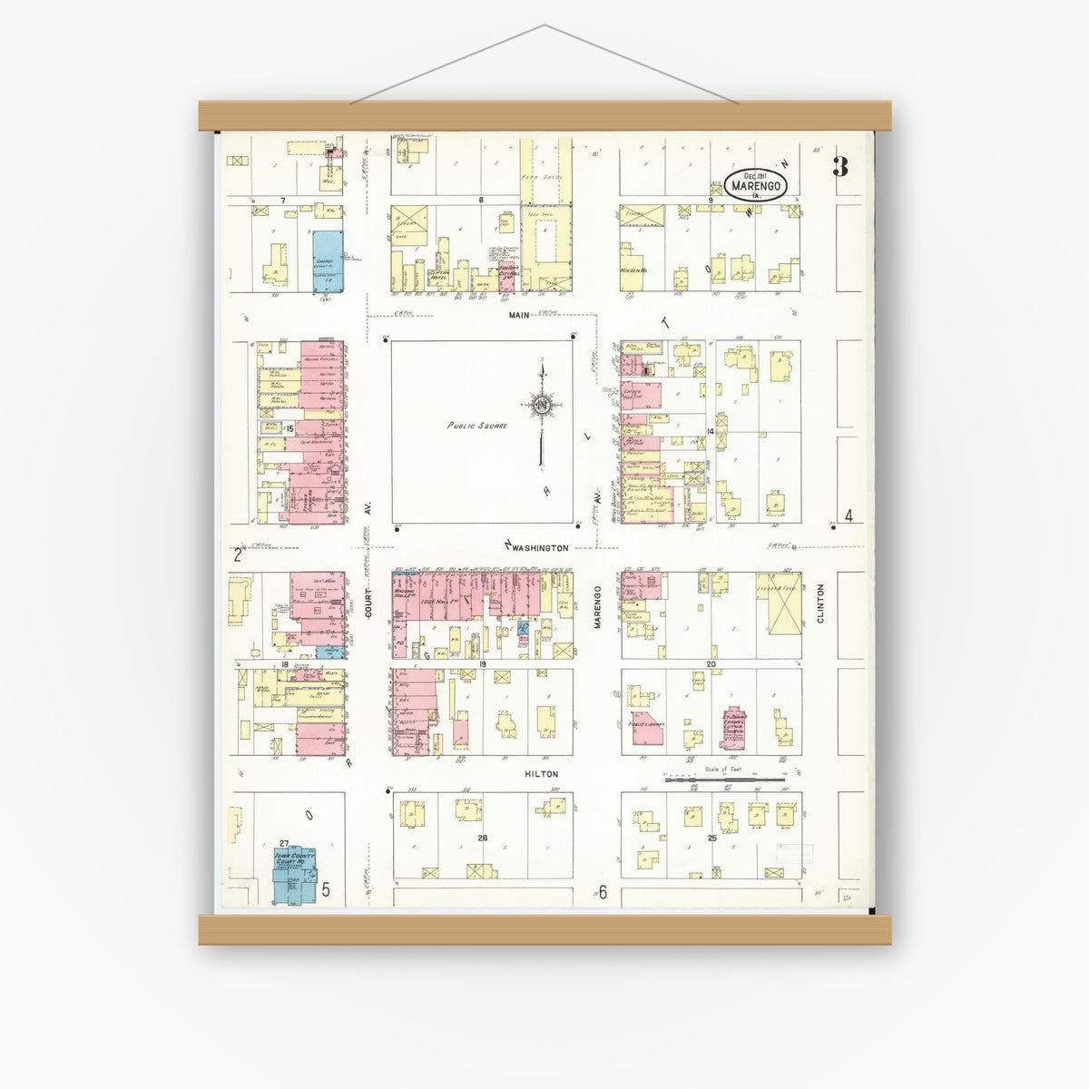 Old map wall art mockup — magnetic wood frame on white wall — Sanborn Fire Insurance Map from Marengo, Iowa County, Iowa (1911), Sheet #0003