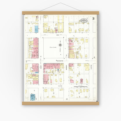Old map wall art mockup — magnetic wood frame on white wall — Sanborn Fire Insurance Map from Marengo, Iowa County, Iowa (1911), Sheet #0003
