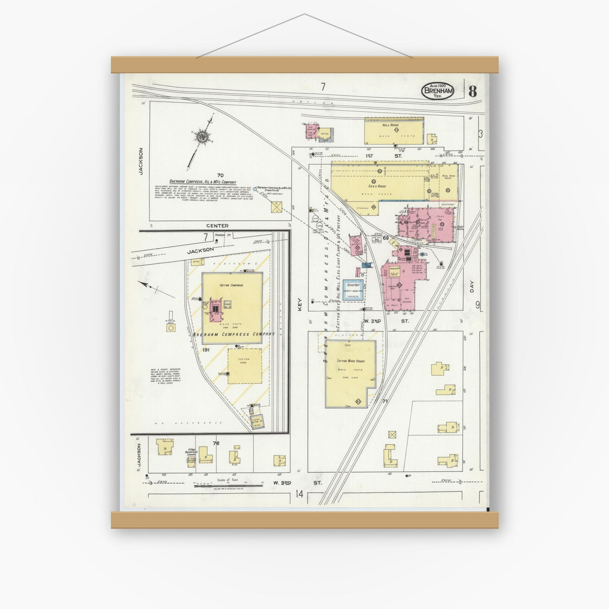 Old map wall art mockup — magnetic wood frame on white wall — Sanborn Fire Insurance Map from Brenham, Washington County, Texas (1920), Sheet #0008