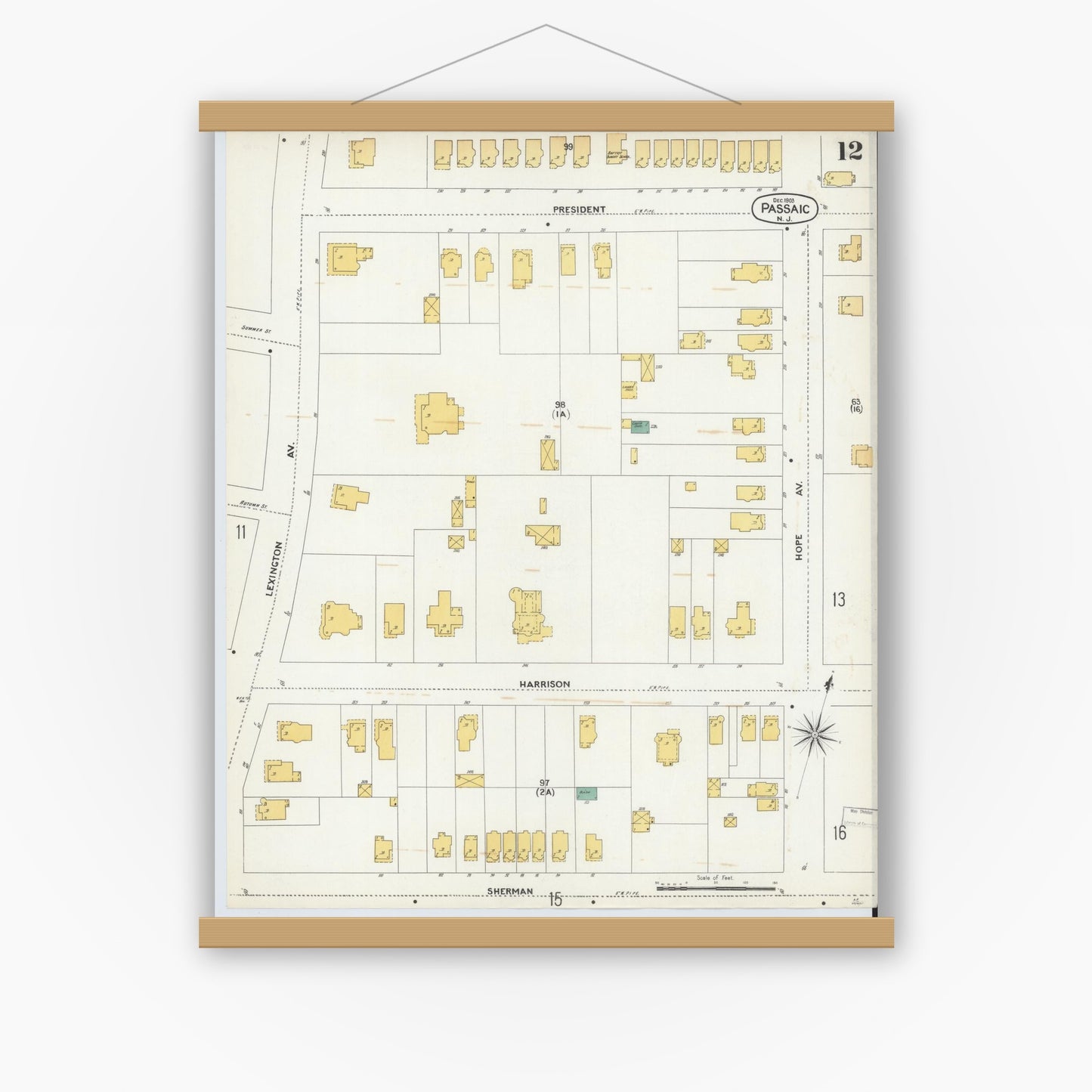 Old map wall art mockup — magnetic wood frame on white wall — Sanborn Fire Insurance Map from Passaic, Passaic County, New Jersey (1903), Sheet #0012