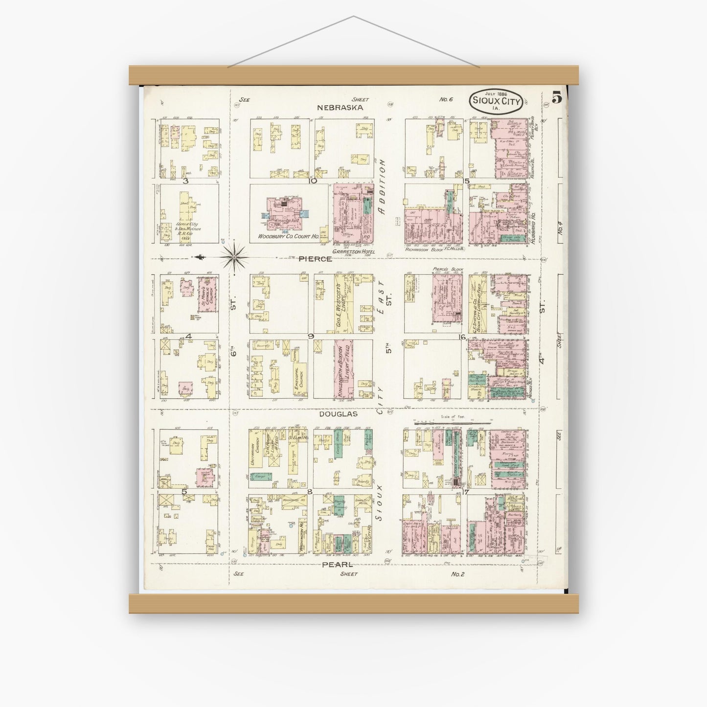 Old map wall art mockup — magnetic wood frame on white wall — Sanborn Fire Insurance Map from Sioux City, Woodbury County, Iowa (1886), Sheet #0005
