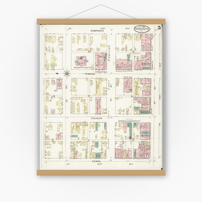 Old map wall art mockup — magnetic wood frame on white wall — Sanborn Fire Insurance Map from Sioux City, Woodbury County, Iowa (1886), Sheet #0005
