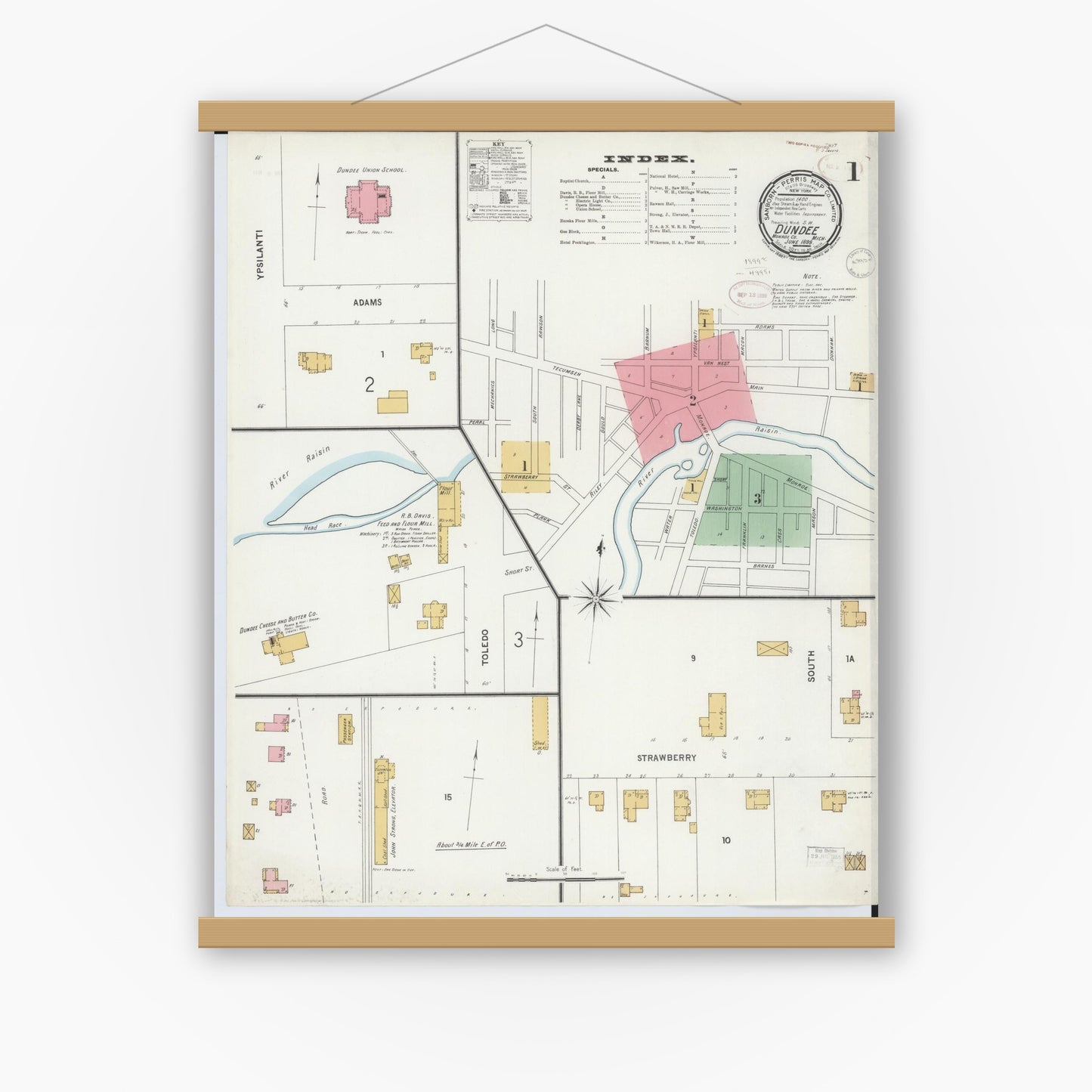 Old map wall art mockup — magnetic wood frame on white wall — Sanborn Fire Insurance Map from Dundee, Monroe County, Michigan (1899), Sheet #0001