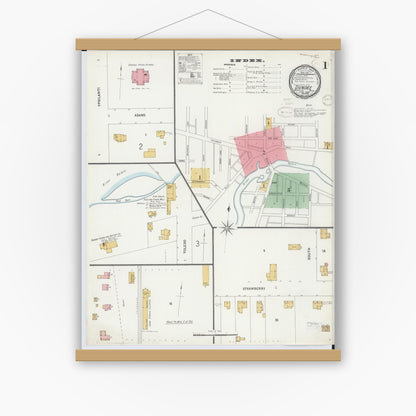 Old map wall art mockup — magnetic wood frame on white wall — Sanborn Fire Insurance Map from Dundee, Monroe County, Michigan (1899), Sheet #0001