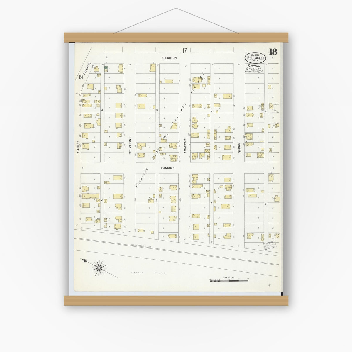 Old map wall art mockup — magnetic wood frame on white wall — Sanborn Fire Insurance Map from Red Jacket, Houghton County, Michigan (1908), Sheet #0018