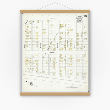 Old map wall art mockup — magnetic wood frame on white wall — Sanborn Fire Insurance Map from Red Jacket, Houghton County, Michigan (1908), Sheet #0018