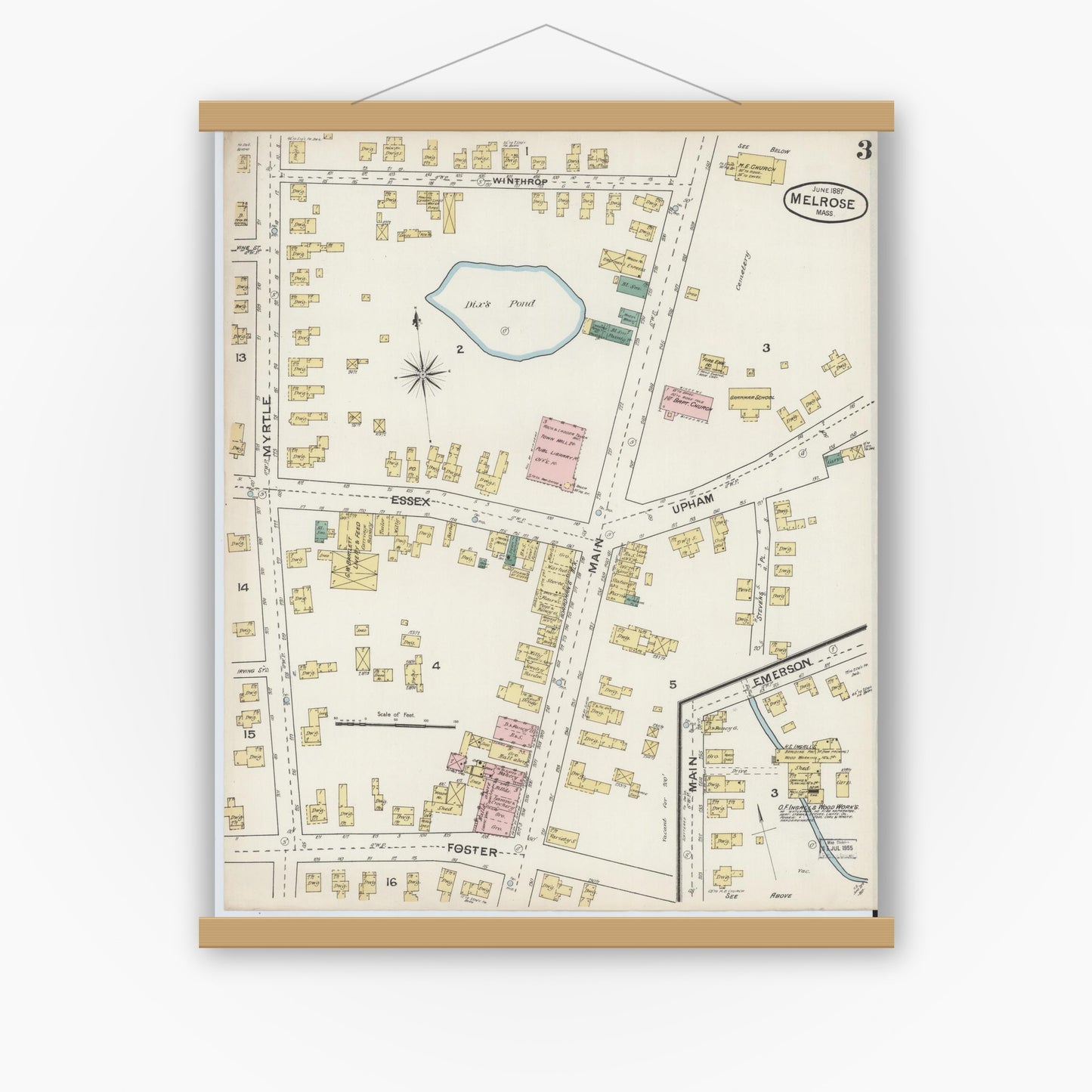 Old map wall art mockup — magnetic wood frame on white wall — Sanborn Fire Insurance Map from Melrose, Middlesex County, Massachusetts (1887), Sheet #0003