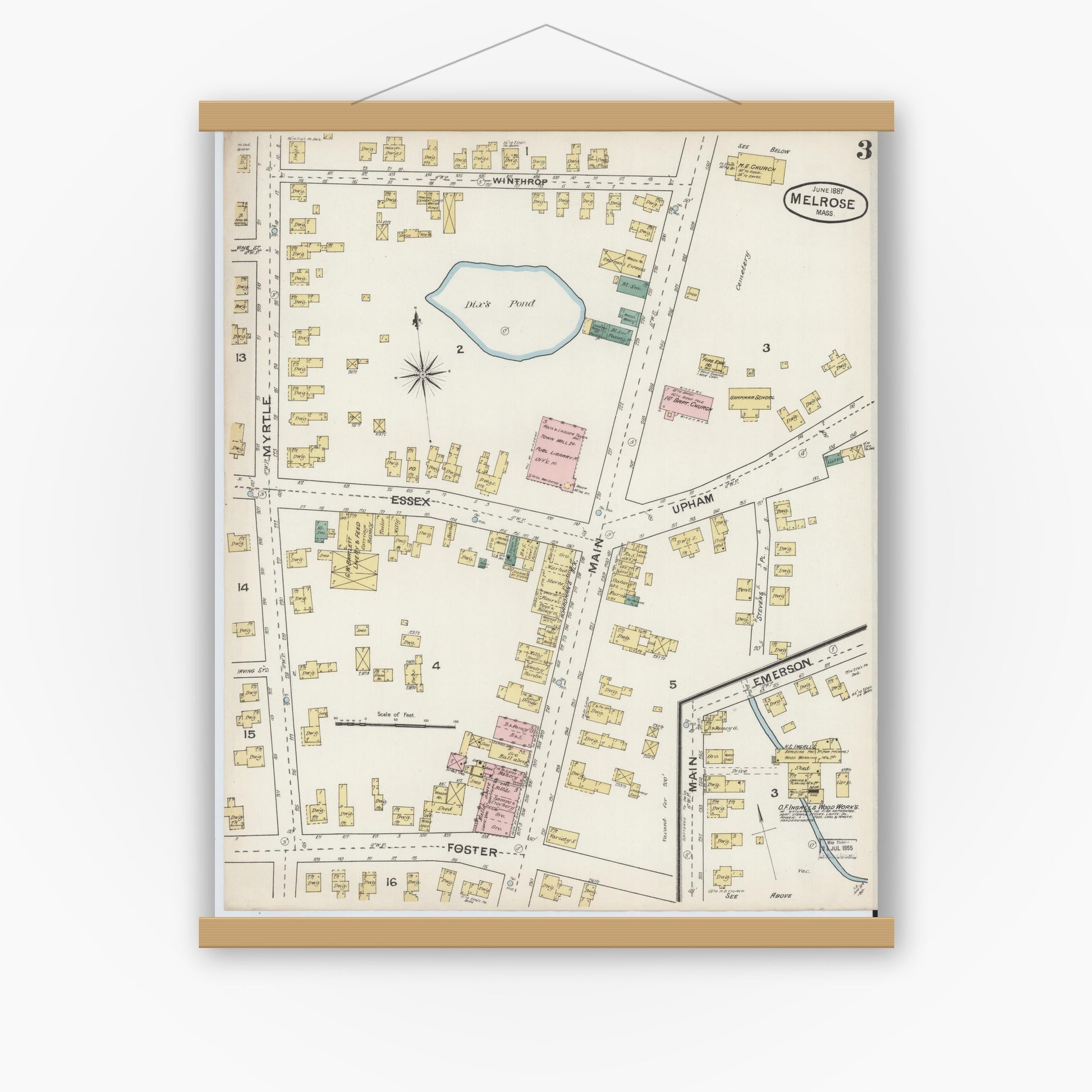 Old map wall art mockup — magnetic wood frame on white wall — Sanborn Fire Insurance Map from Melrose, Middlesex County, Massachusetts (1887), Sheet #0003