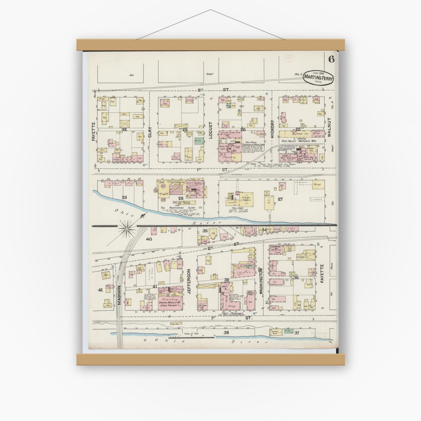 Old map wall art mockup — magnetic wood frame on white wall — Sanborn Fire Insurance Map from Martins Ferry, Belmont County, Ohio (1890), Sheet #0006