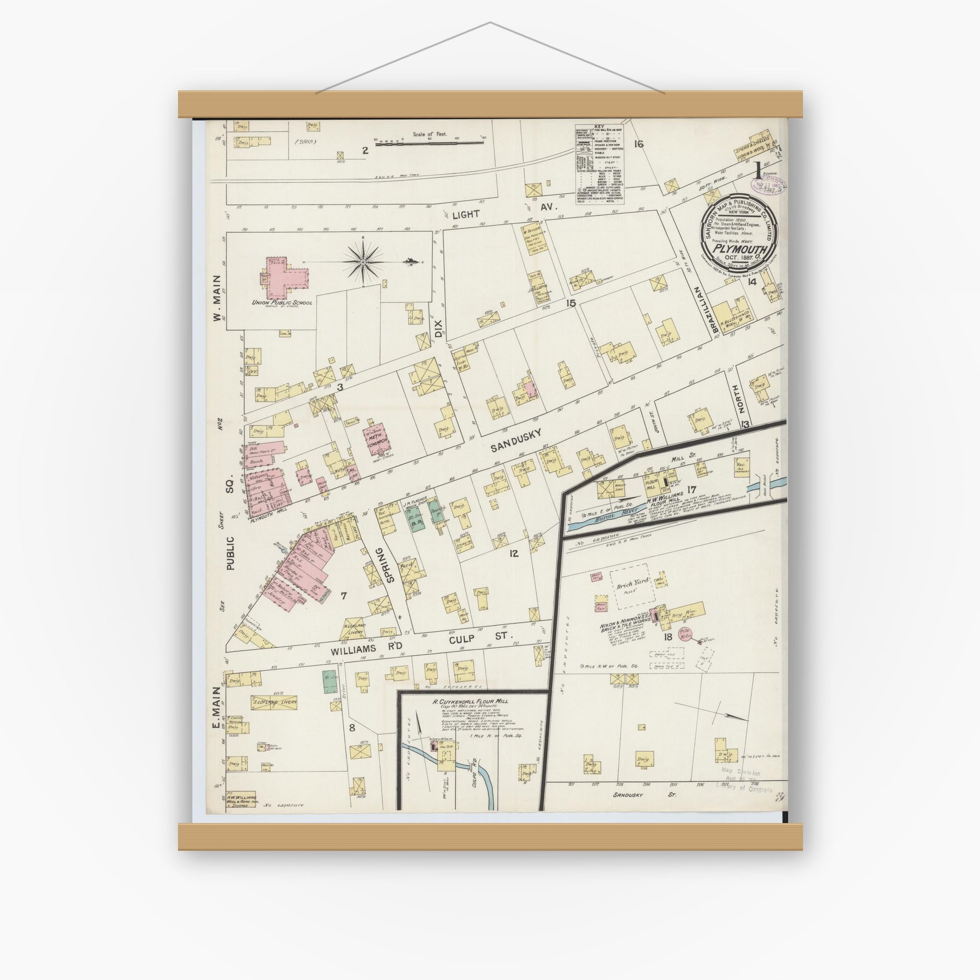 Old map wall art mockup — magnetic wood frame on white wall — Sanborn Fire Insurance Map from Plymouth, Huron And Richland Counties, Ohio (1887), Sheet #0001