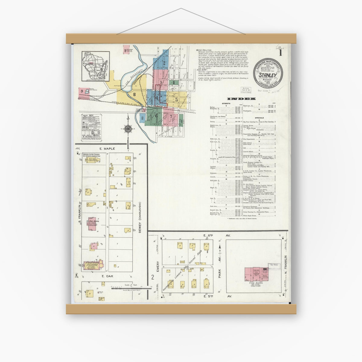 Old map wall art mockup — magnetic wood frame on white wall — Sanborn Fire Insurance Map from Stanley, Chippewa County, Wisconsin (1919), Sheet #0001