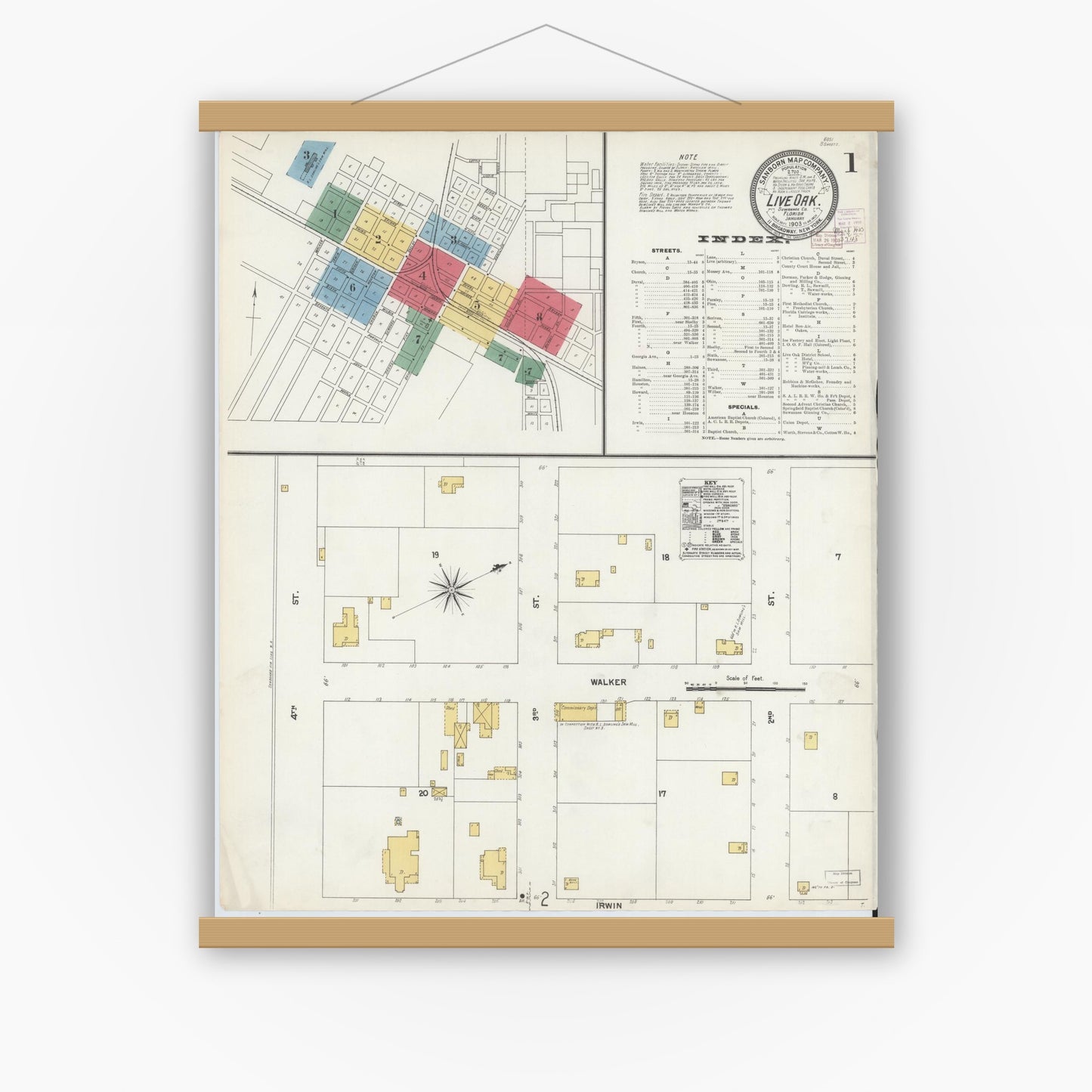 Old map wall art mockup — magnetic wood frame on white wall — Sanborn Fire Insurance Map from Live Oak, Suwanee County, Florida (1903), Sheet #0001